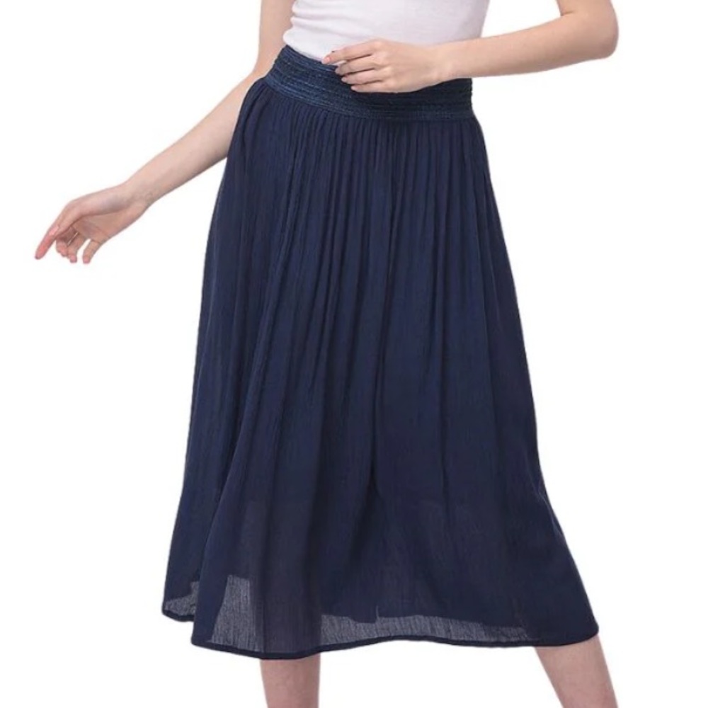 GYPSIE BLU Navy Rayon Gauze Pull-on Midi Skirt